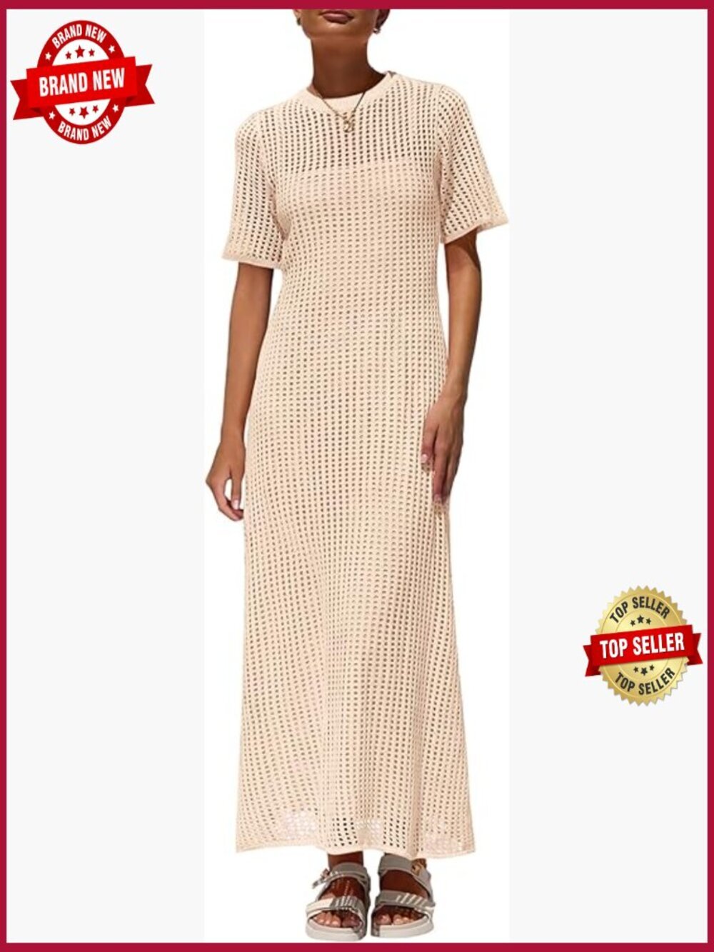 Women's Eyelet Cover Up Maxi Dress Short Sleeve Hollow Out Sundress